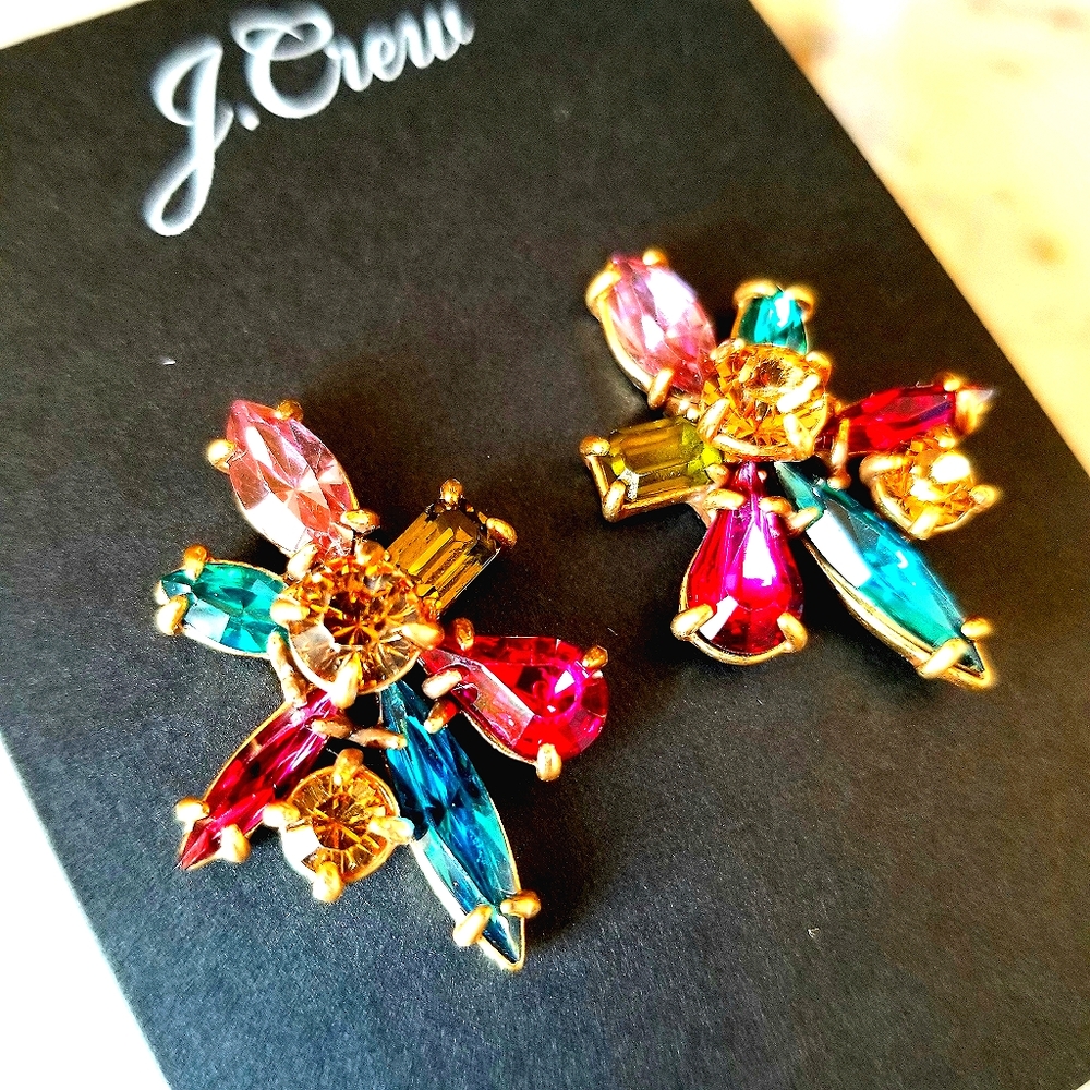 New! J Crew Colorful Crystal Red Blue Gem Burst Stud Earrings NWT